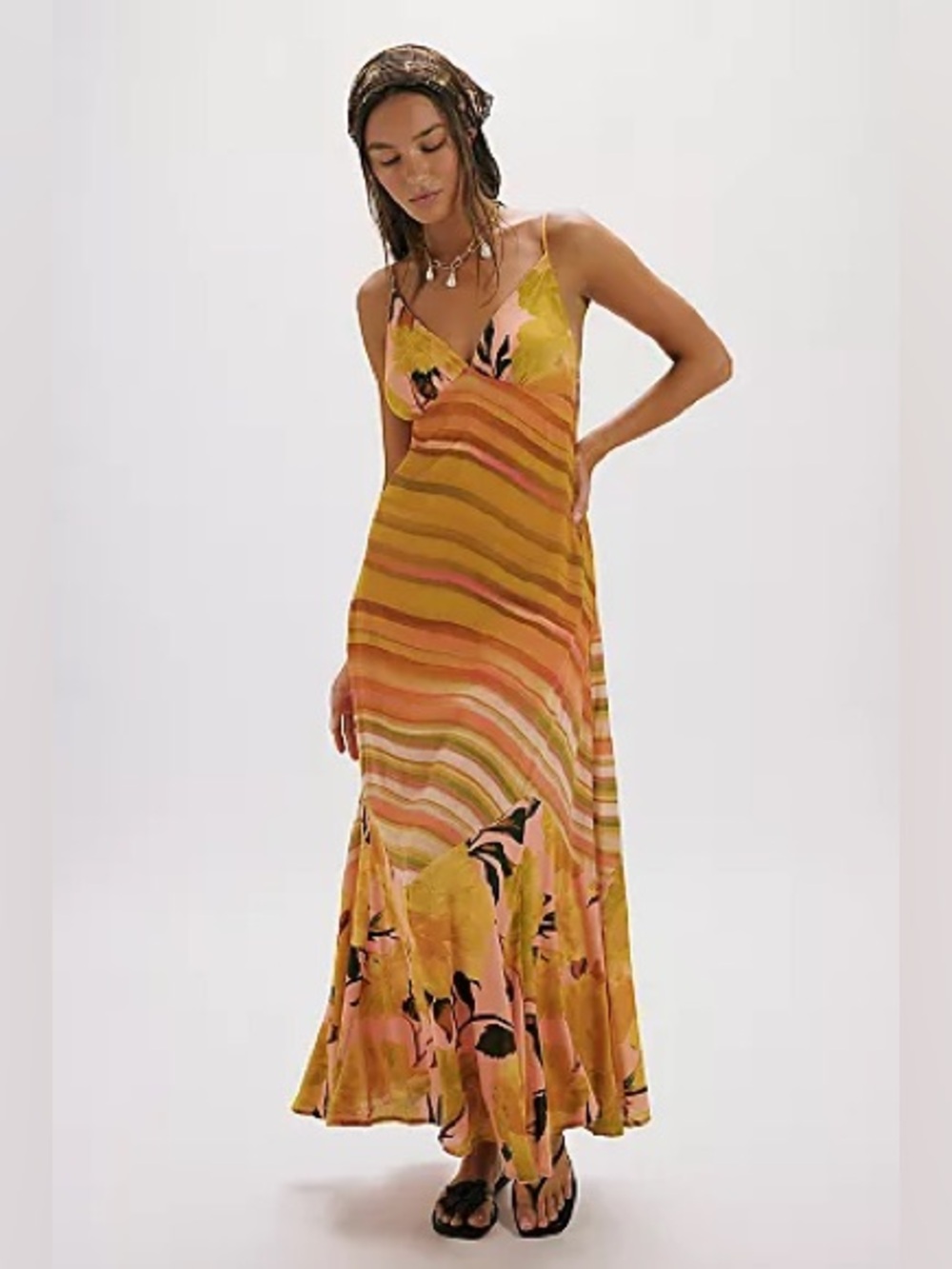 Free People Striped Floral Maxi Dress in Mustard and Pink